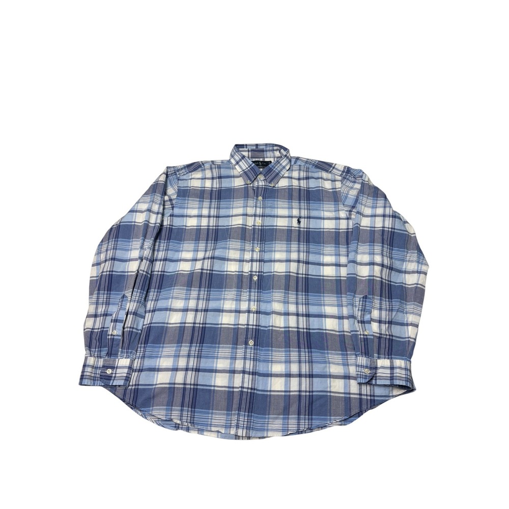 Polo Ralph Lauren Mens XXL Blue White Plaid Classic Fit Cotton Button Down Shirt